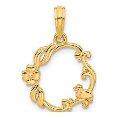 14K Yellow Gold Floral Bird Circle Pendant