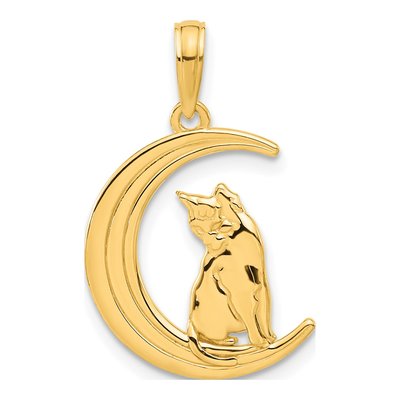 14K Yellow Gold Cat on Moon Pendant