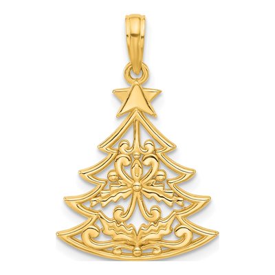 14K Yellow Gold Scrolled Christmas Tree Pendant