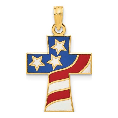 14K Yellow Gold American Flag Cross Pendant