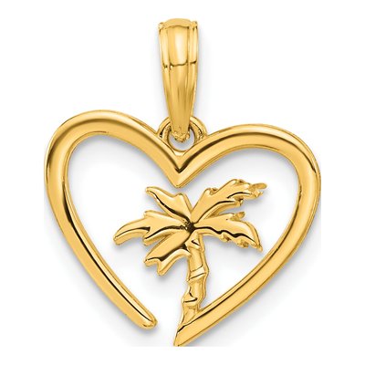 14K Yellow Gold Palm Tree Heart Pendant