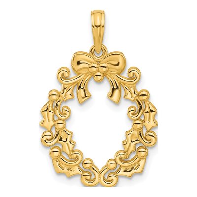 14K Yellow Gold Christmas Wreath Pendant