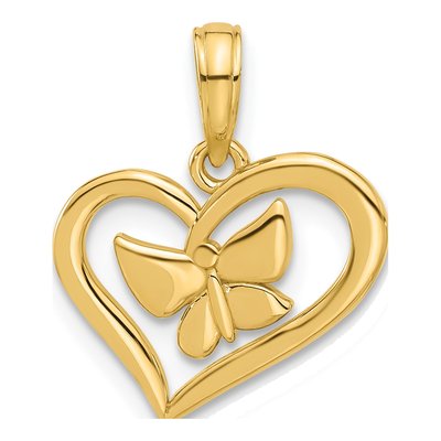 14K Yellow Gold Heart Butterfly Pendant