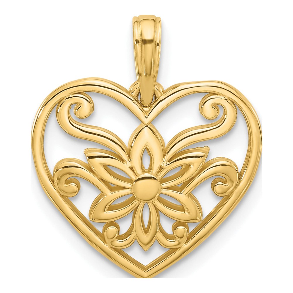 14K Yellow Gold Flower & Heart Charm Pendant