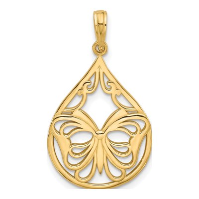 14K Yellow Gold Butterfly Teardrop Pendant