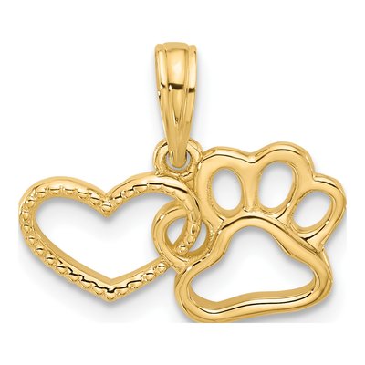 14K Yellow Gold Heart Paw Print Charm