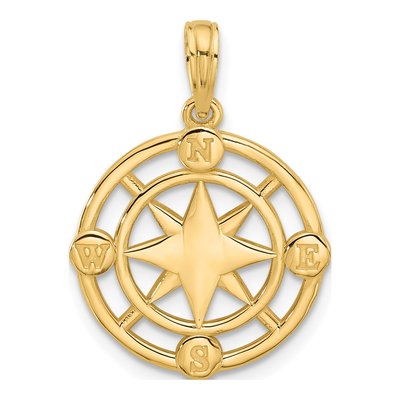 14K Yellow Gold Round Compass Pendant