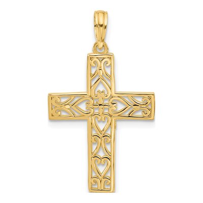 14K Yellow Gold Fancy Hearts Cross Charm Pendant