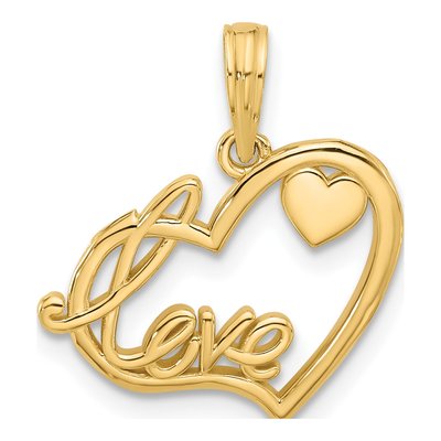 14K Yellow Gold LOVE Script Hearts Charm