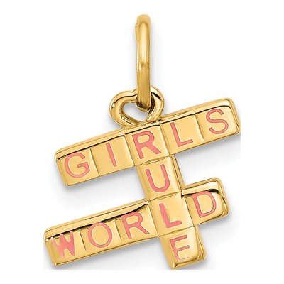 14K Yellow Gold Pink Enamel Girls Rule World Charm