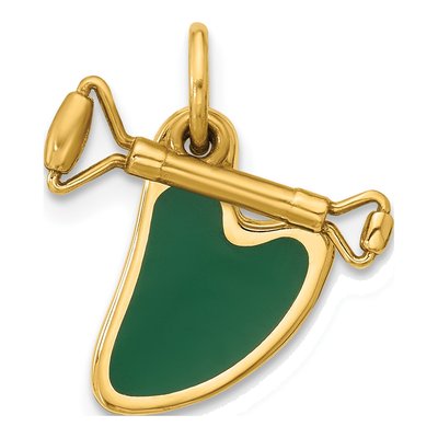 14K Yellow Gold Green Enamel Gua Sha Pendant