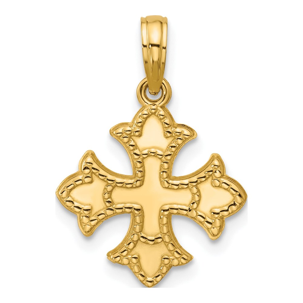 14K Yellow Gold Polished Beaded Fleur De Lis Cross Pendant