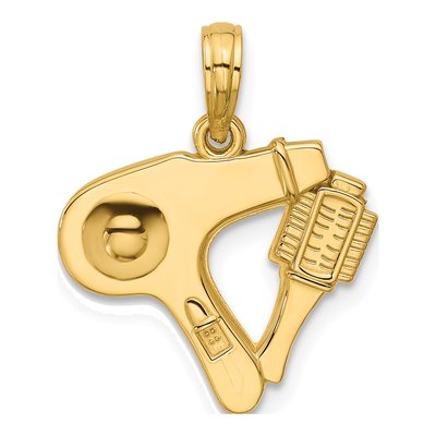 14K Yellow Gold Blow Dryer Curl Brush Pendant