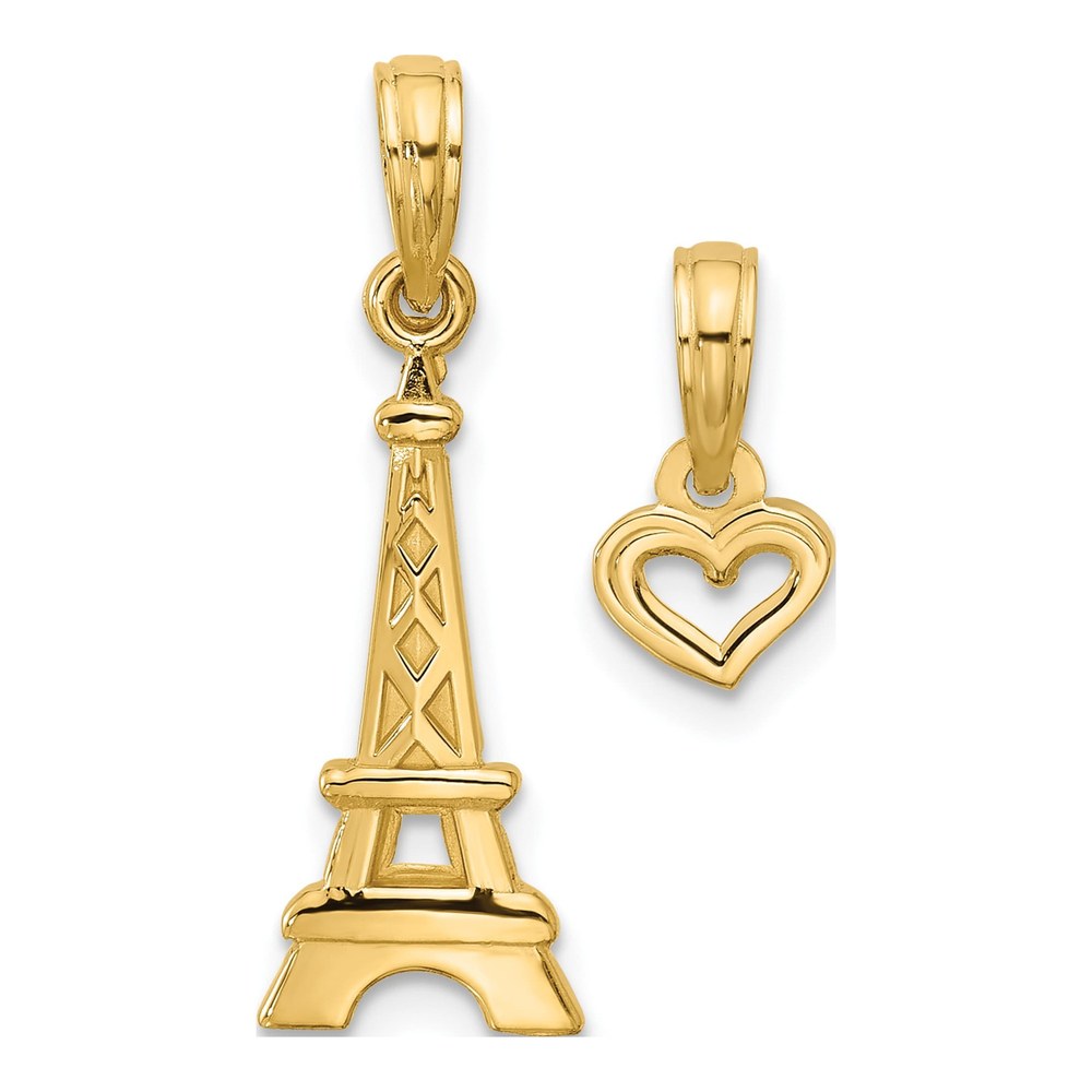 14K Yellow Gold Polished And Satin Eiffel Tower With Separate Heart Pendant Set