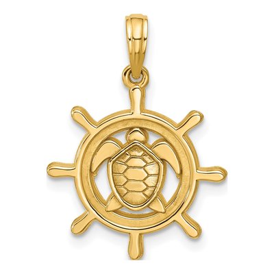 14K Yellow Gold Turtle Ship's Wheel Pendant