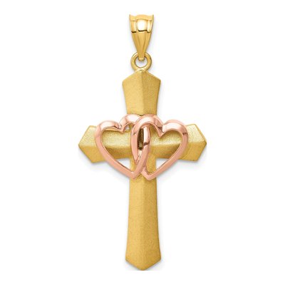 14K Two-Tone Gold Double Heart Cross Charm