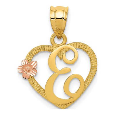 14K Two-Tone Gold Heart Letter E Pendant