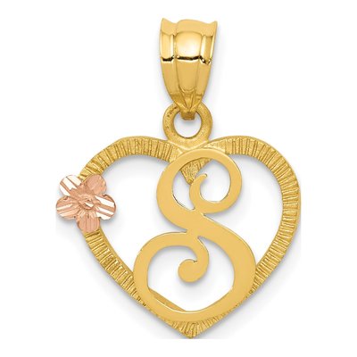 14K Two-Tone Gold Heart Letter S Pendant