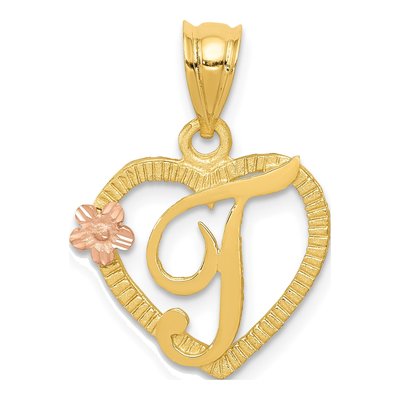 14K Two-Tone Gold Heart Letter T Pendant