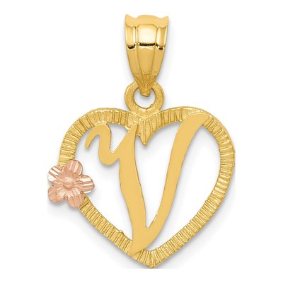14K Two-Tone Gold Heart Letter V Pendant