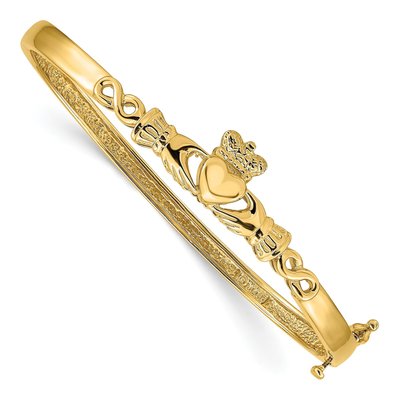 14K Yellow Gold Claddagh Hinged Bangle Bracelet