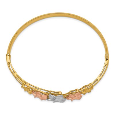 14K Tri-Color Gold Plumeria Hinged Oval Bangle Bracelet – view 3