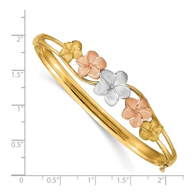 14K Tri-Color Gold Plumeria Hinged Oval Bangle Bracelet – view 4