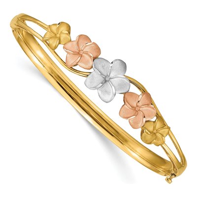 14K Tri-Color Gold Plumeria Hinged Oval Bangle Bracelet