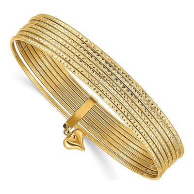 14K Yellow Gold Dangle Heart Slip-On Bangle Bracelet