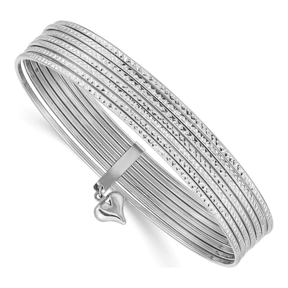 14K White Gold Heart Dangle Bangle Bracelet
