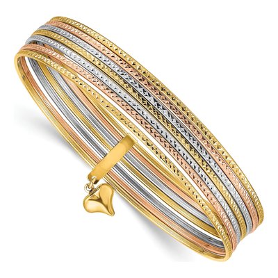 14K Tri-Color Gold Heart Bangle Bracelet
