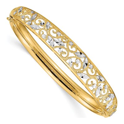 14K Yellow Gold Diamond-Cut Filigree Hinged Bangle Bracelet