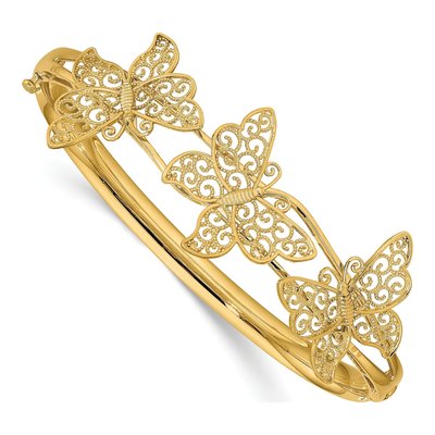 14K Yellow Gold Filigree Butterfly Hinged Bangle Bracelet