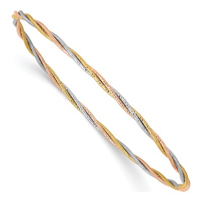 14K Tri-Color Gold Twisted Diamond-Cut Bangle Bracelet