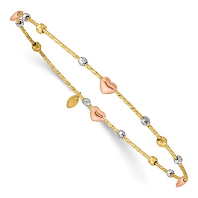 14K Tri-Color Gold Hearts Bangle Bracelet