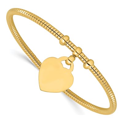 14K Yellow Gold Textured Flexible Heart Dangle Bangle Bracelet