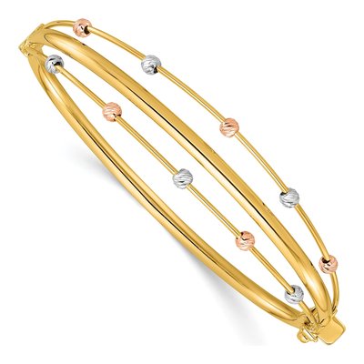 14K Tri-Color Gold Beaded Hinged Bangle Bracelet