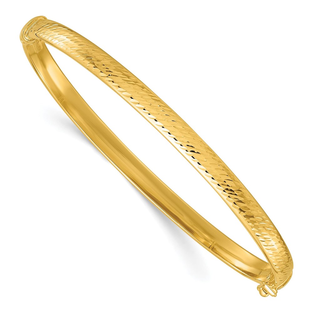 14K Polished And Diamond-Cut 4.75mm Hinged Oval Bangle Bracelet with Box Catch Clasp