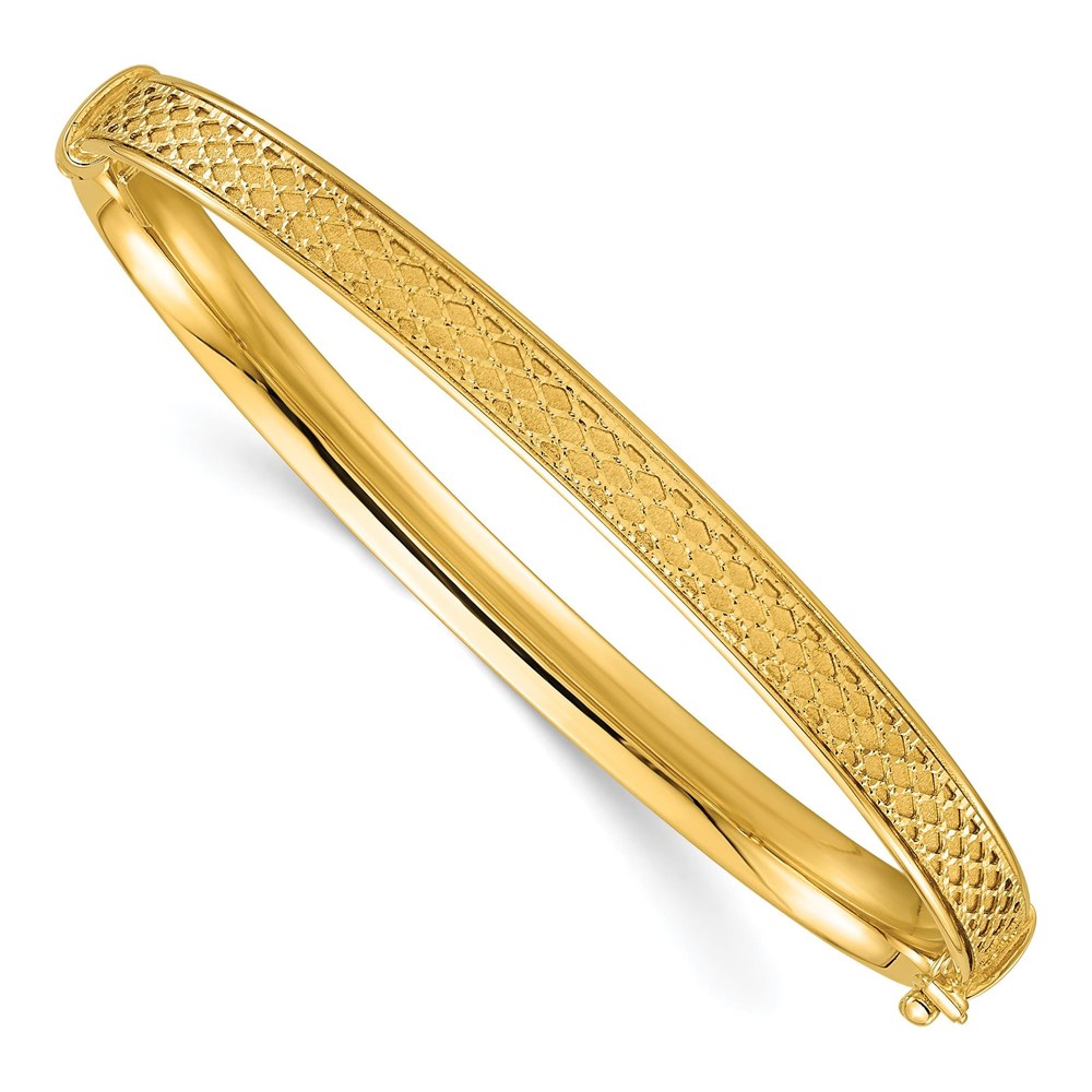 14K Polished Brushed And Textured 6.00mm Hinged Oval Bangle Bracelet with Box Catch Clasp
