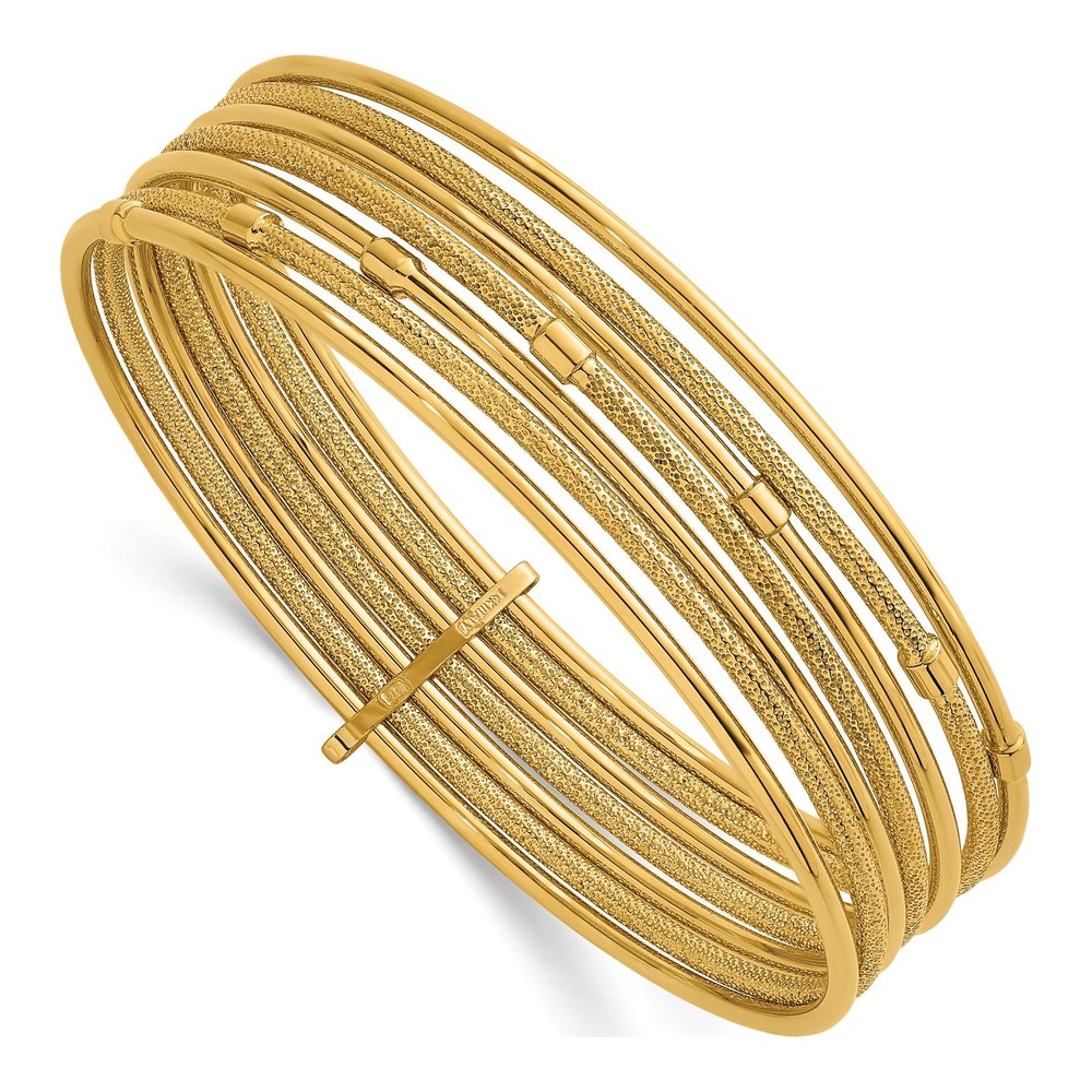14K Yellow Gold Polished And Textured Beaded 7-Strand Slip-On Round Bangle Bracelet with Slip On Clasp