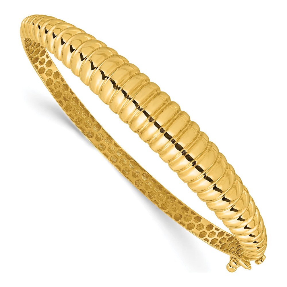 14K Yellow Gold Polished And Textured Graduated Hinged Oval Bangle Bracelet with Box Catch Clasp