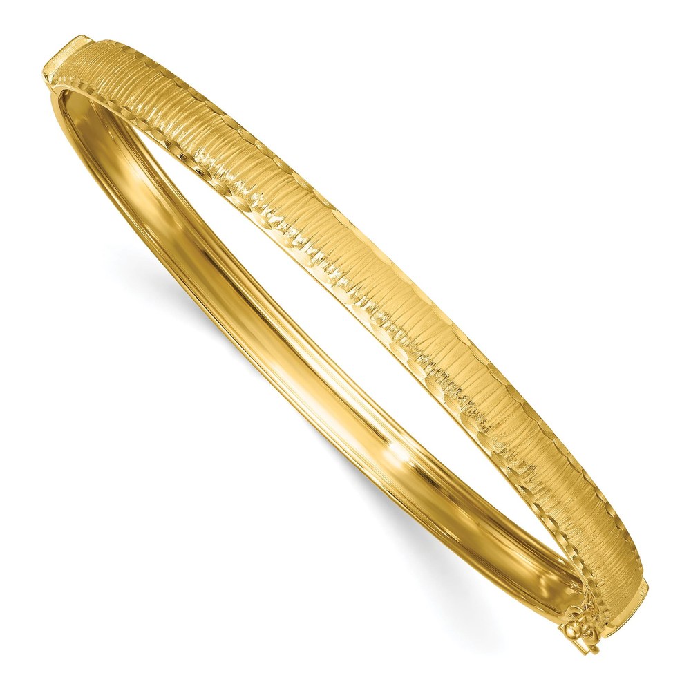 14K Polished Diamond-Cut Textured 5.25mm Hinged Oval Bangle Bracelet with Box Catch Clasp