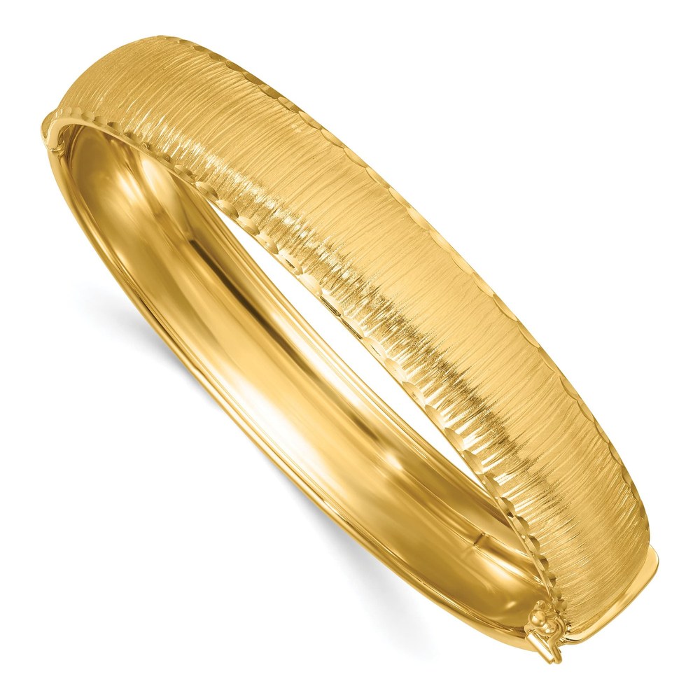 14K Polished Diamond-Cut Textured 11.75mm Hinged Oval Bangle Bracelet with Box Catch Clasp