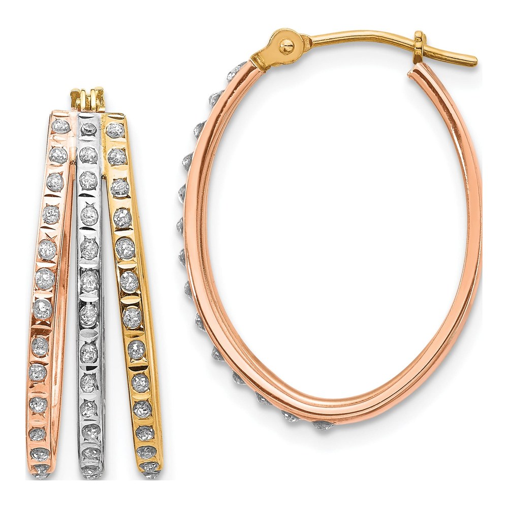 14K Tri-Color Gold 23mm Diamond Oval 3- Hoop Earrings