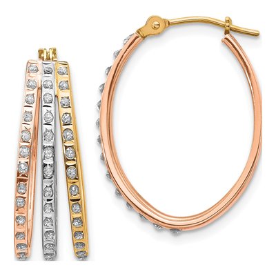 14K Tri-Color Gold 23mm Diamond Oval 3- Hoop Earrings