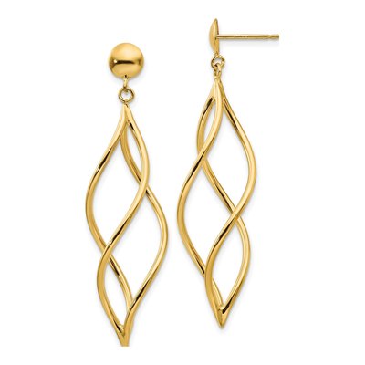 14K Yellow Gold Curved Tube Swirl Dangle Earrings