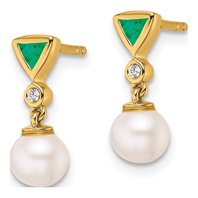 14K Yellow Gold Emerald Round Trillion Dangle Earrings – view 2