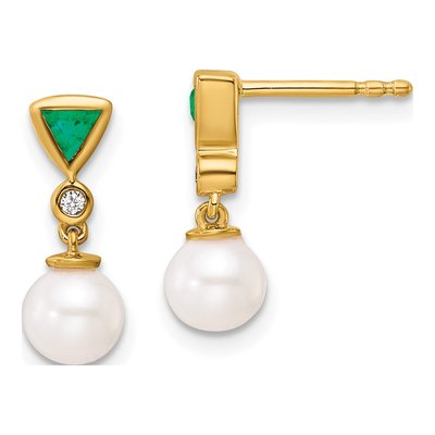 14K Yellow Gold Emerald Round Trillion Dangle Earrings