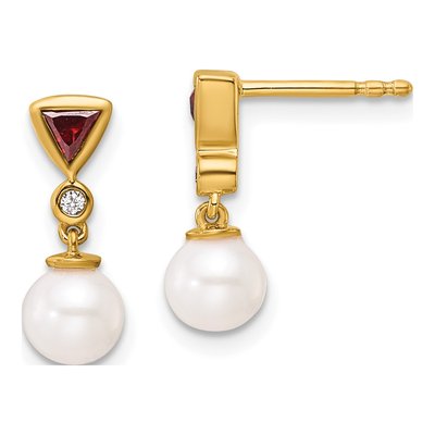 14K Yellow Gold Ruby & Diamond Round Trillion Dangle Earrings