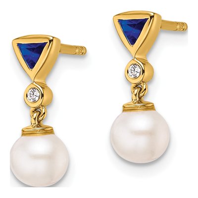 14K Yellow Gold Sapphire Round Trillion Dangle Earrings – view 2